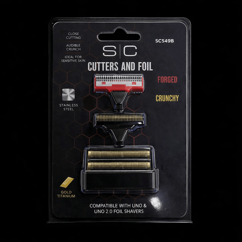 Packaging of a shaver with 'sc' branding on a black background