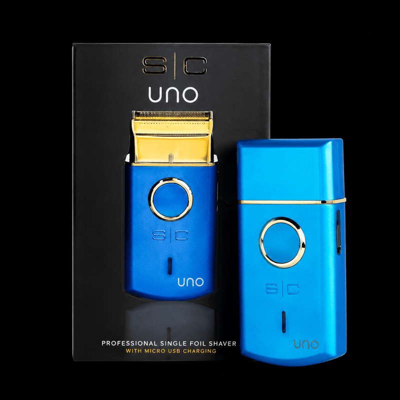 Blue single foil shaver with gold accents and 'sic uno' branding on a black background