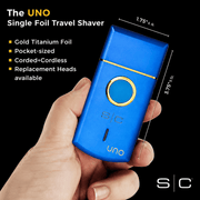 Blue travel shaver held in a hand with product details on a black background