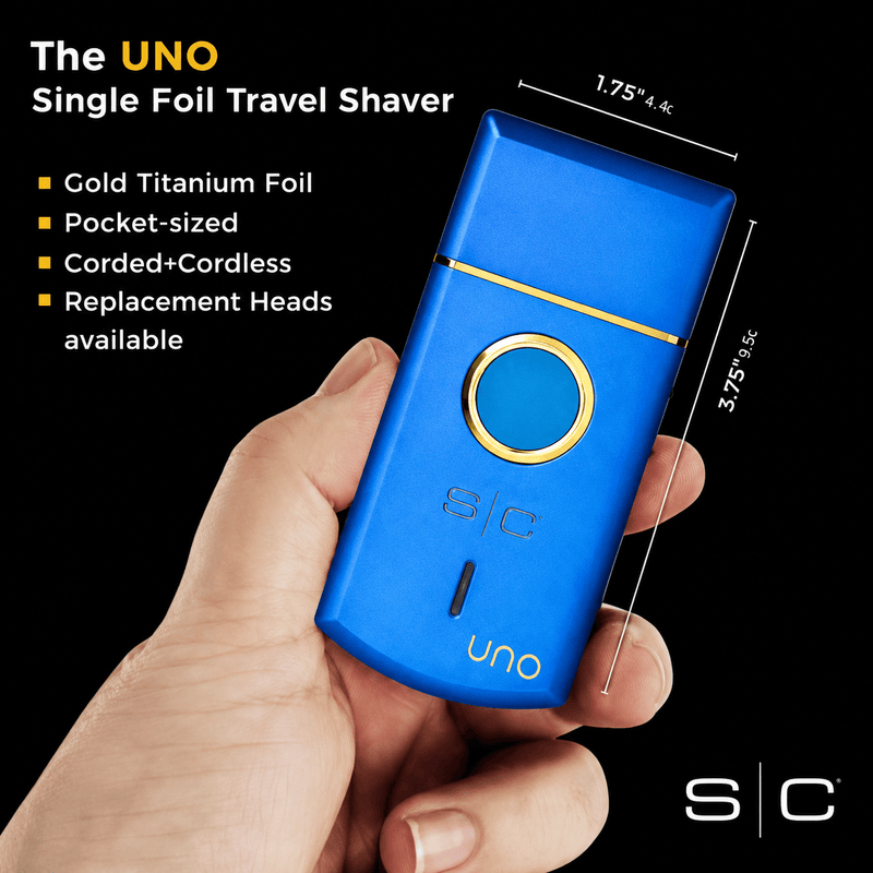 Blue travel shaver held in a hand with product details on a black background