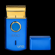 Blue and gold shaver with a rectangular blue base on a black background