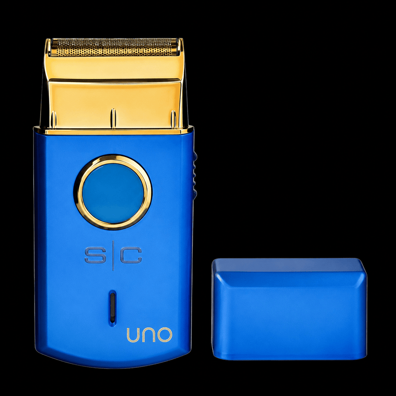 Blue and gold shaver with a rectangular blue base on a black background