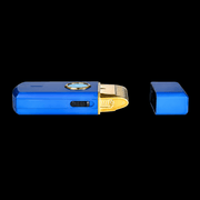 Blue and gold electronic device on a black background