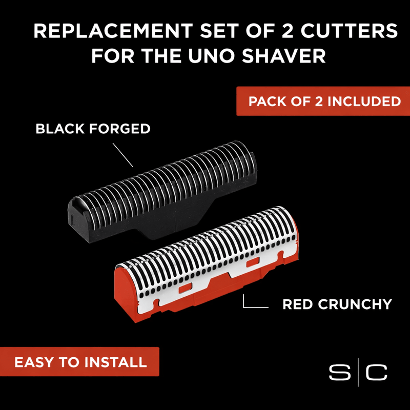 Replacement cutters for the Uno shaver with black forged and red crunchy options on a black background. Primos Barber Supply