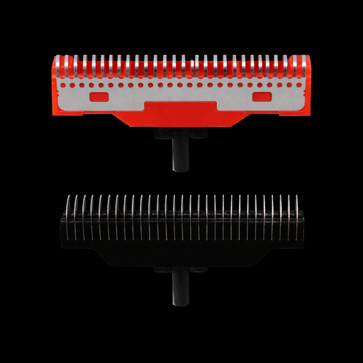 Red and black hairbrushes on a black background. Primos Barber Supply