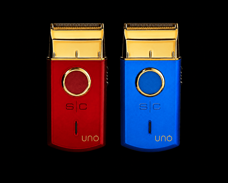 StyleCraft Uno Single Foil Shaver collection featuring red and blue cordless travel shavers with gold titanium foils