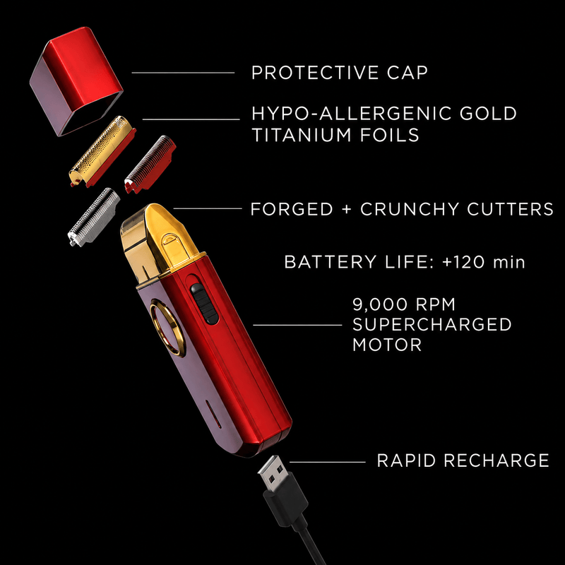StyleCraft Uno red single foil shaver showing gold titanium foil, forged cutters, protective cap and rapid recharge system