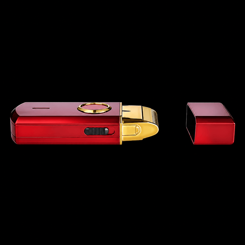 StyleCraft Uno red cordless foil shaver with protective cap removed and gold titanium foil