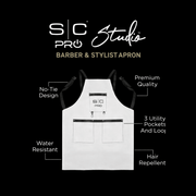 White apron with black text on a black background, featuring SIC Pro Studio branding.