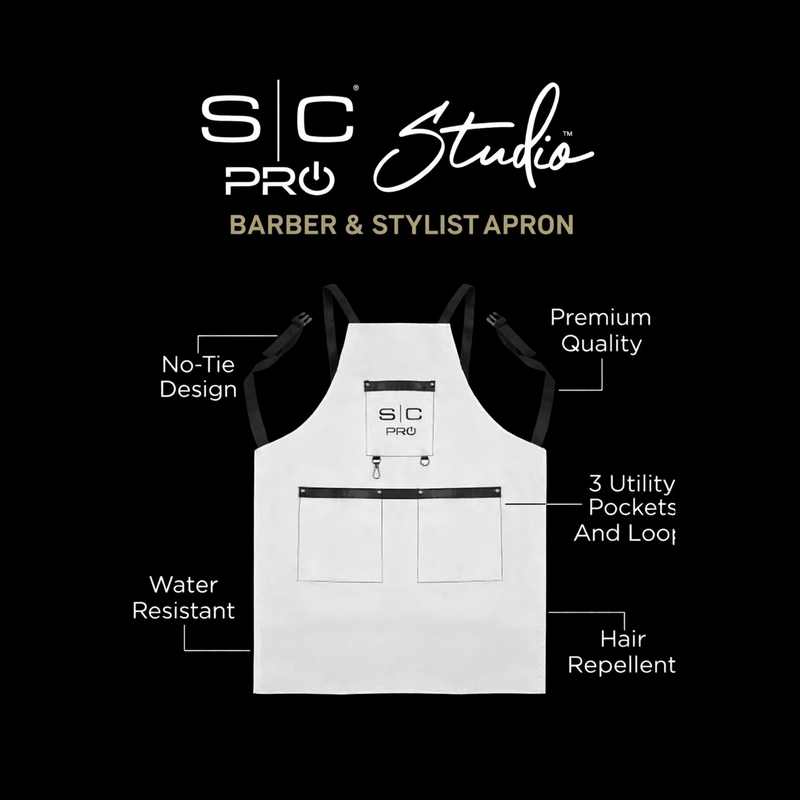 White apron with black text on a black background, featuring SIC Pro Studio branding.