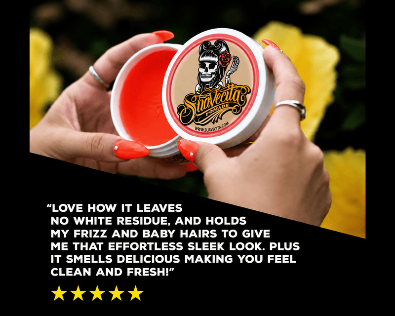 Suavecita Medium Hold Water-Based Hair Pomade – open jar top view showing texture
