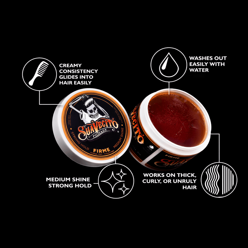 Open jars of Suavecito Paste with features listed on a black background