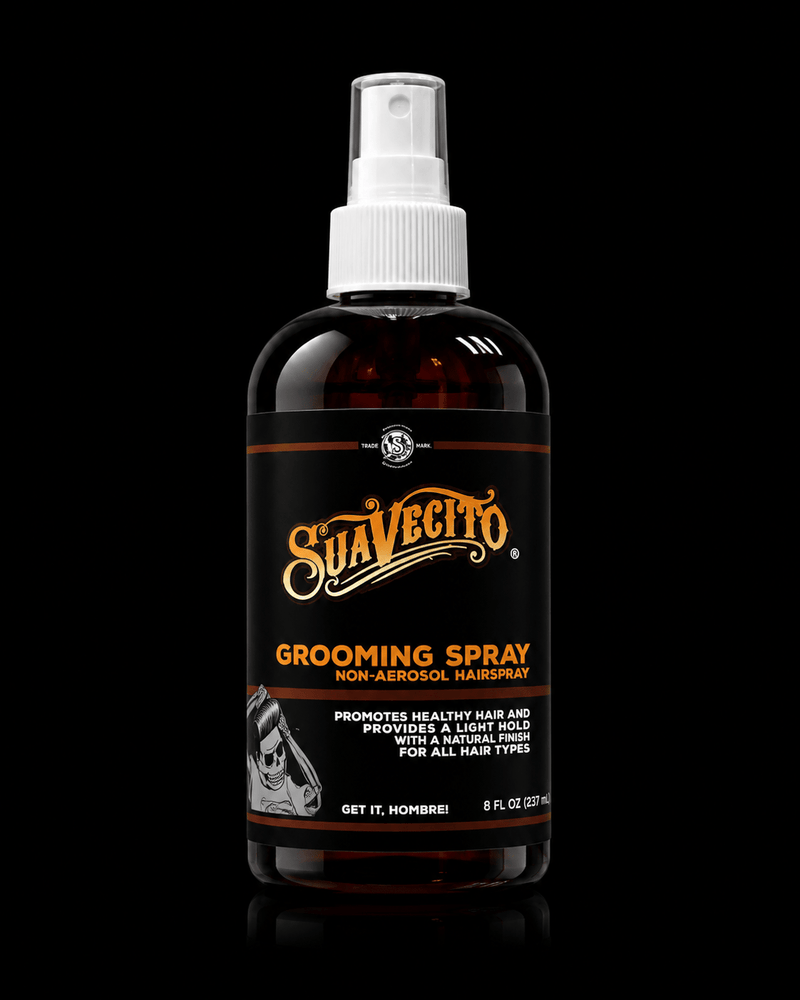 Suavecito grooming spray bottle on a black background