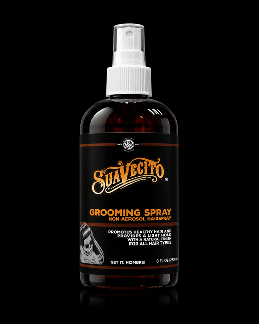 Suavecito grooming spray bottle on a black background