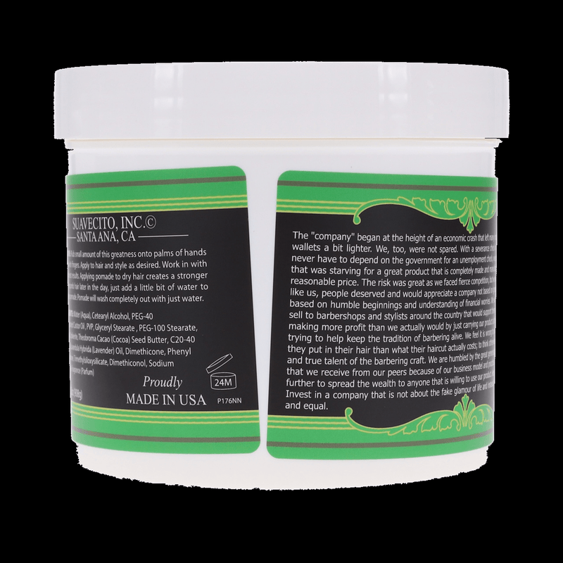 Suavecito Matte Pomade 32 oz back panel product photo on a black background
