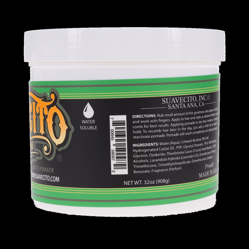 Suavecito Matte Pomade 32 oz side label product photo on a black background
