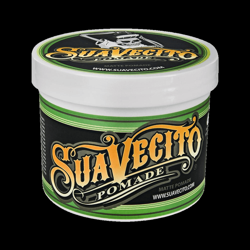 Suavecito Matte Pomade 32 oz tub on a black background