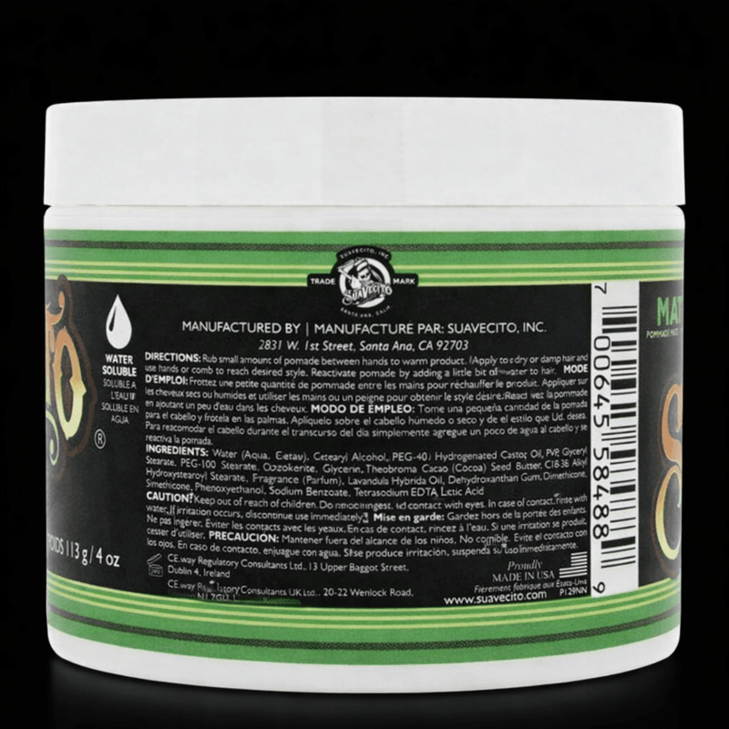 Suavecito matte pomade back label barber hair styling product ingredients and details Primos Barber Supply