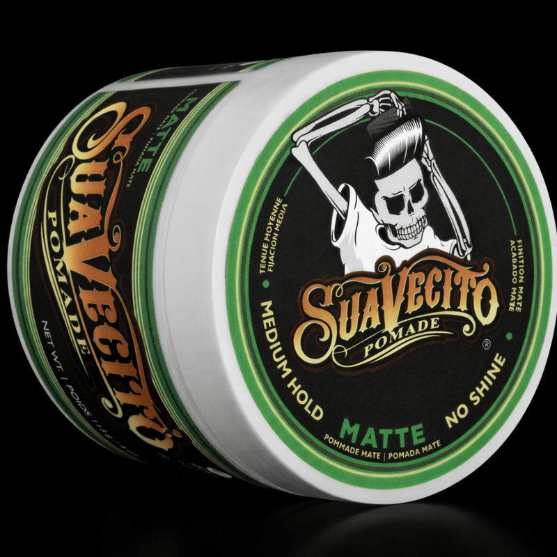 Suavecito matte pomade medium hold no shine barber hair styling product for natural textured styles Primos Barber Supply