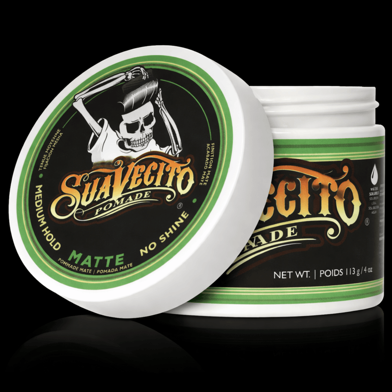 Suavecito matte pomade open jar showing texture medium hold barber styling product Primos Barber Supply