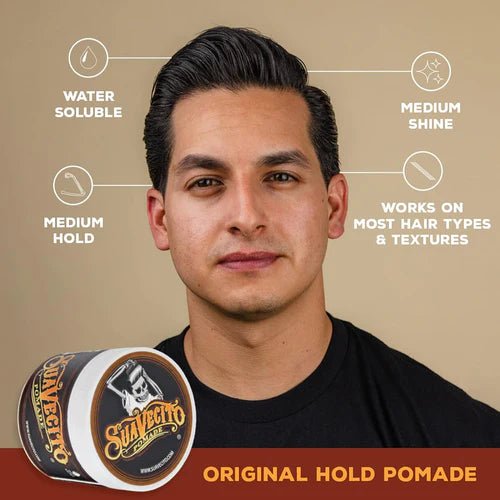 Suavecito Original Hold Pomade styled hair result slick back hairstyle barber finish example