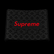 Black Supreme wallet with red logo and embossed monogram pattern on a black background.