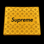 Gold Supreme wallet with black logo and embossed monogram pattern on a black background.