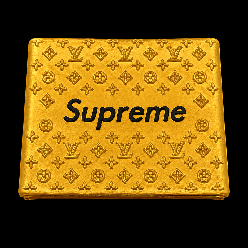 Gold Supreme wallet with black logo and embossed monogram pattern on a black background.