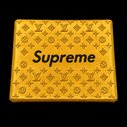 Gold Supreme wallet with black logo and embossed monogram pattern on a black background.