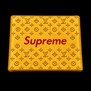 Gold Supreme wallet with red logo and embossed monogram pattern on a black background.