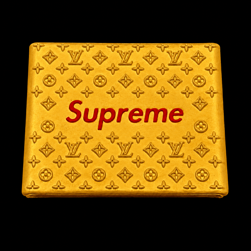 Gold Supreme wallet with red logo and embossed monogram pattern on a black background.