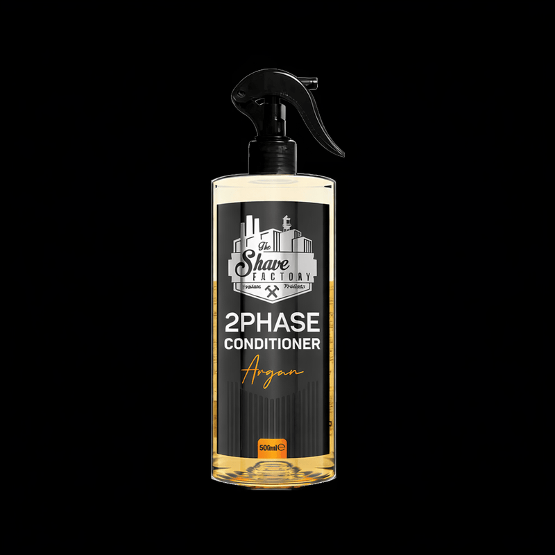 Bottle of 2Phase Conditioner with 'The Shave Factory' branding on a black background