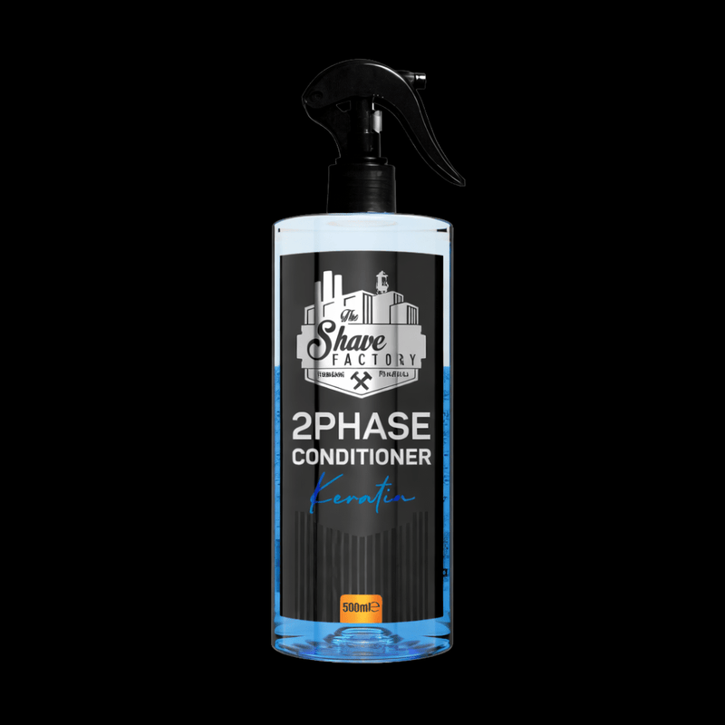 Bottle of 2Phase Conditioner from The Shave Factory on a black background