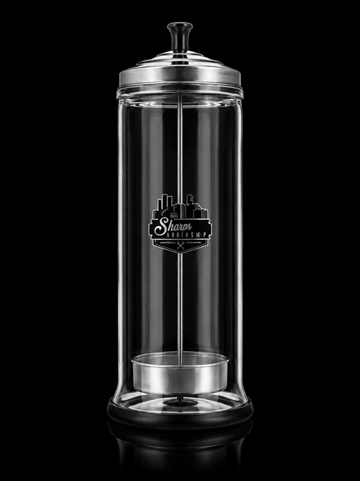 Clear glass container with silver lid and base, featuring a logo on a black background