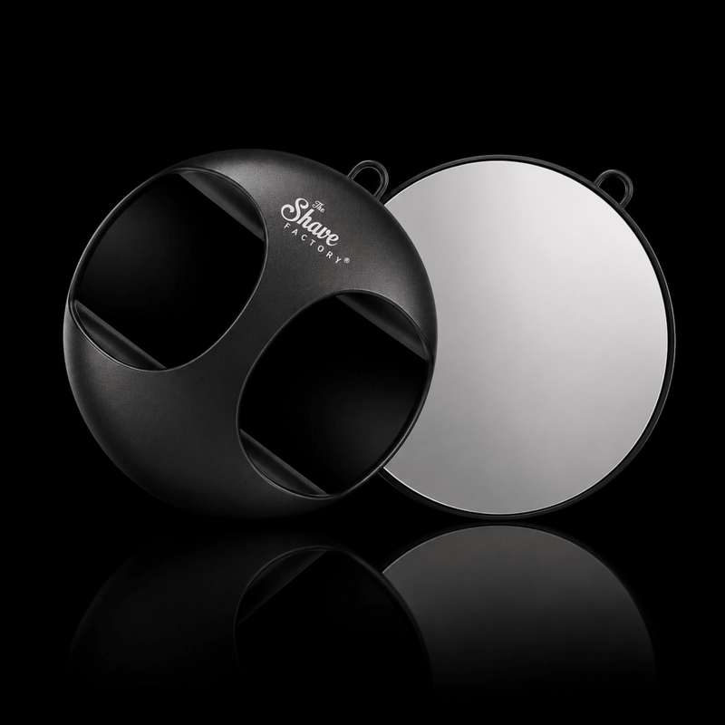 The Shave Factory Professional Barber Mirror Front View with Ergonomic Handle Available at Primos Barber Supply