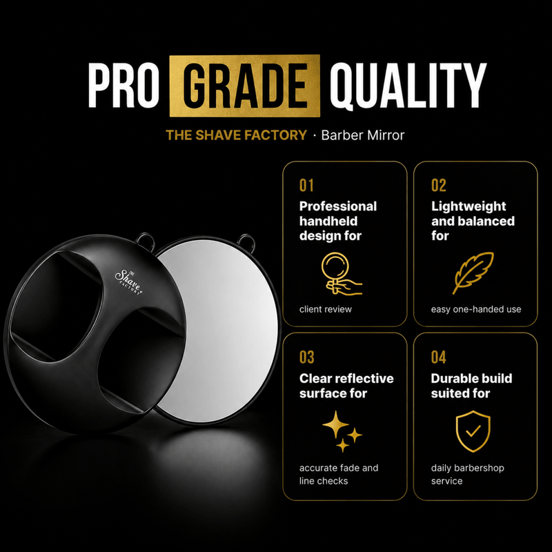 The Shave Factory Professional Barber Mirror Pro Grade Quality with Crystal Clear Reflection Available at Primos Barber Supply