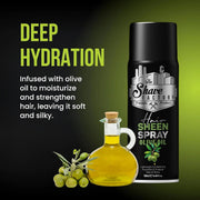Hair Sheen Spray with olive oil and bottle on a green background