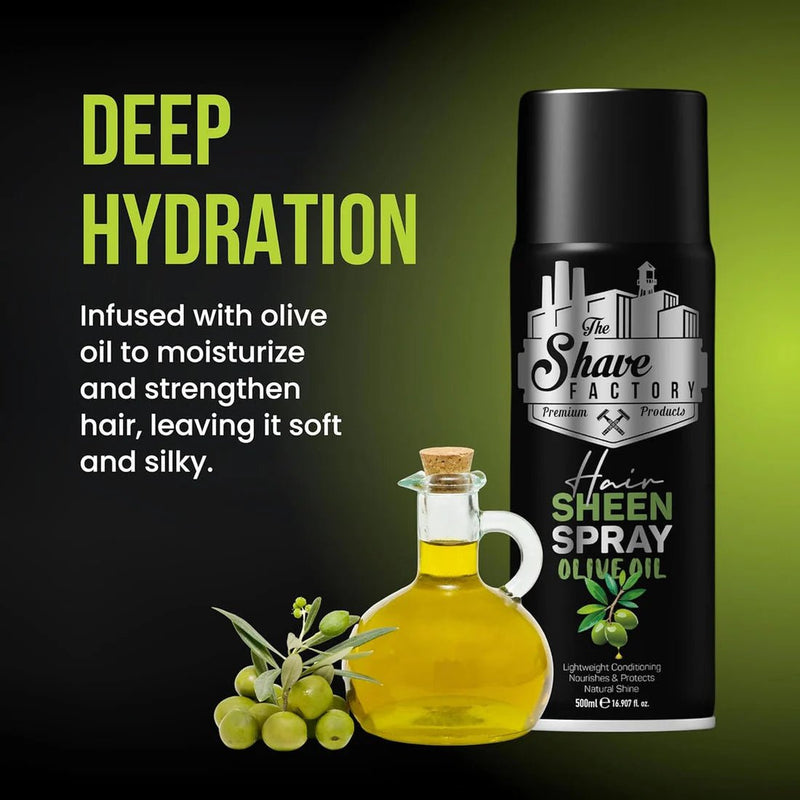 Hair Sheen Spray with olive oil and bottle on a green background