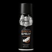 The Shave Factory Hair Sheen Spray Coconut bottle for hair hydration and natural shine with a black background