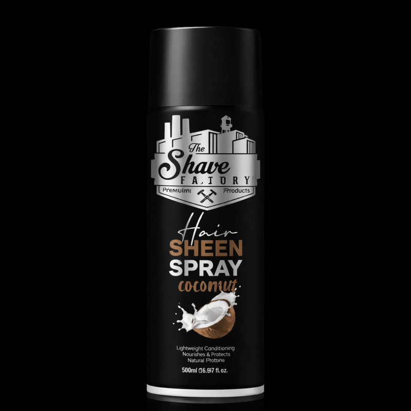 The Shave Factory Hair Sheen Spray Coconut bottle for hair hydration and natural shine with a black background