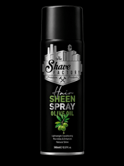 Hair sheen spray can from The Shave Factory on a black background