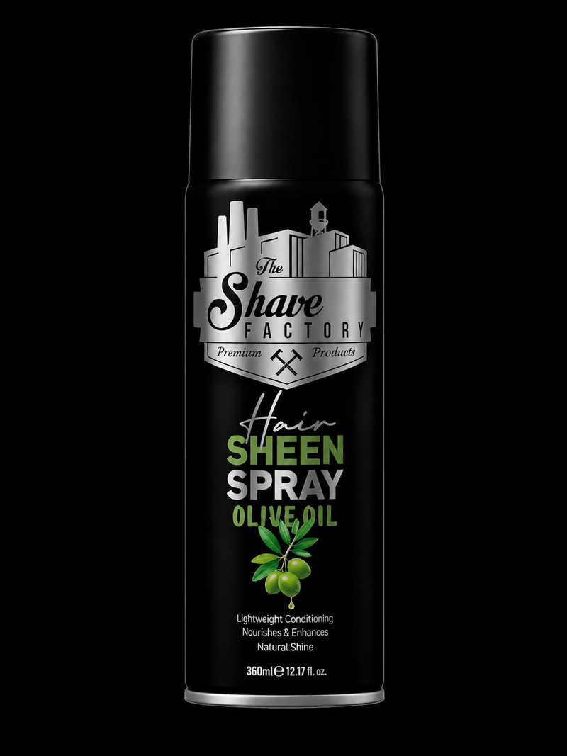 Hair sheen spray can from The Shave Factory on a black background