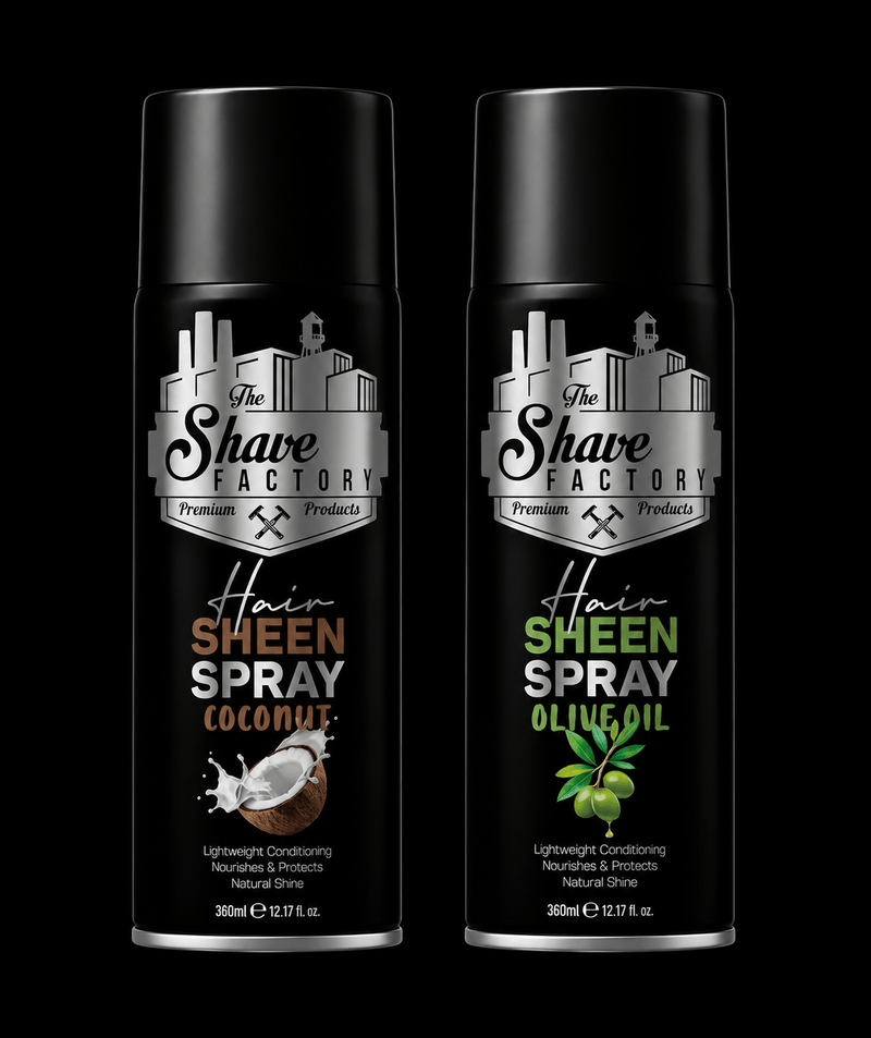Two bottles of The Shave Factory Hair Sheen Spray on a black background
