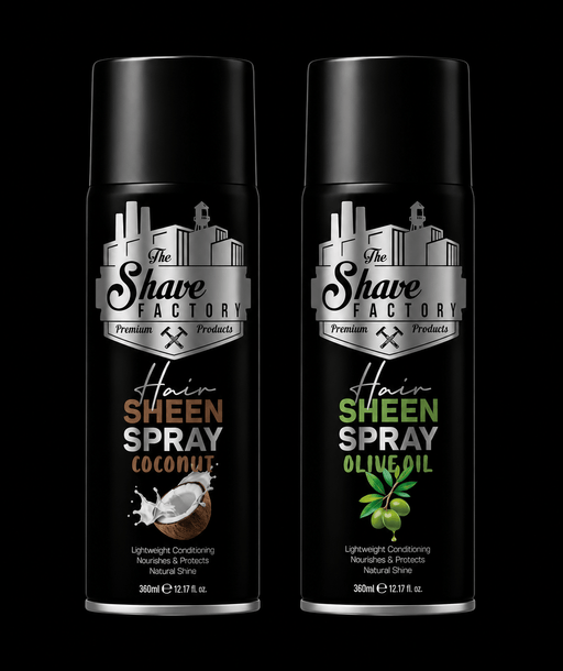 Two bottles of The Shave Factory Hair Sheen Spray on a black background