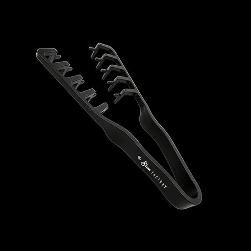 The Shave Factory Hair Texture Tongs in black, angled top view showing the interlocking texturizing teeth on a black background