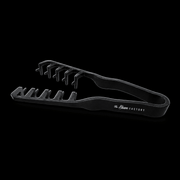 The Shave Factory Hair Texture Tongs in black, side view with open tong arms and Shave Factory logo on a black background