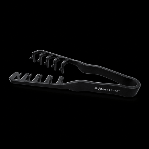 The Shave Factory Hair Texture Tongs in black, side view with open tong arms and Shave Factory logo on a black background