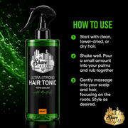 The Shave Factory Ultra Strong Hair Tonic Application Instructions for Daily Hair Care Available at Primos Barber Supply