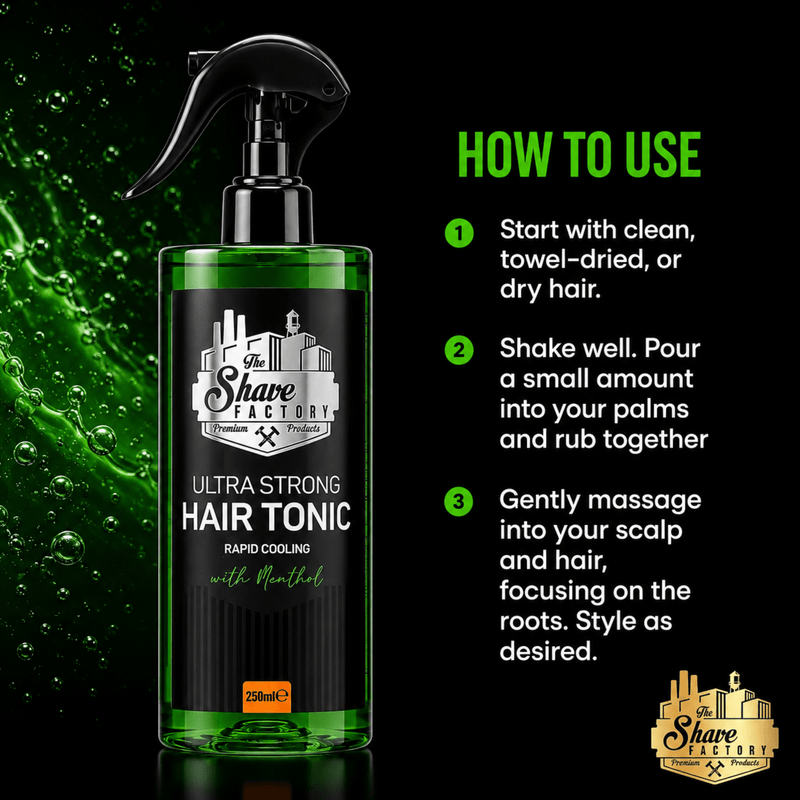 The Shave Factory Ultra Strong Hair Tonic Application Instructions for Daily Hair Care Available at Primos Barber Supply