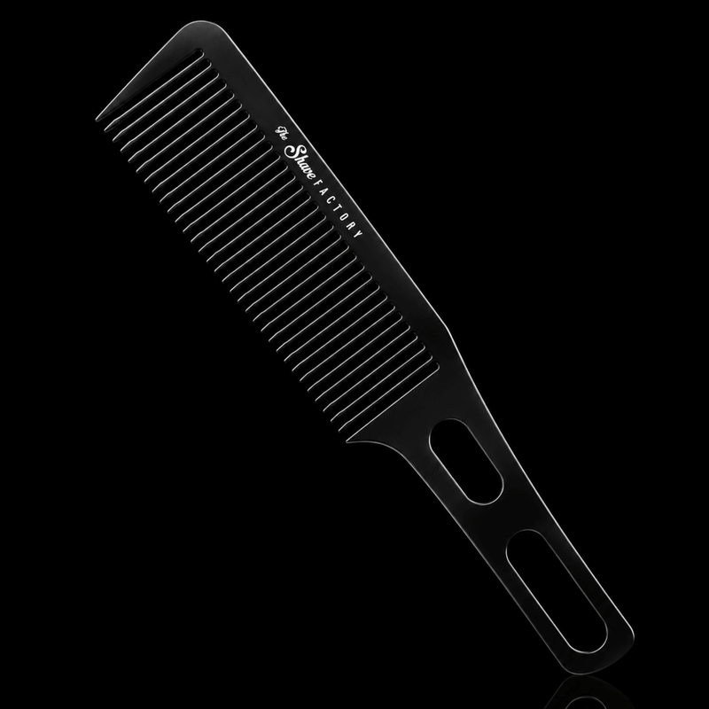The Shave Factory Handle Comb Angled View with Fine Tooth Design Available at Primos Barber Supply